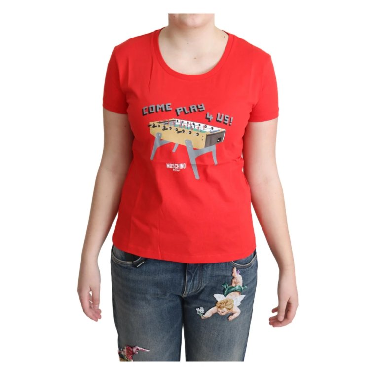 Czerwony T-shirt z zabawnym nadrukiem Moschino