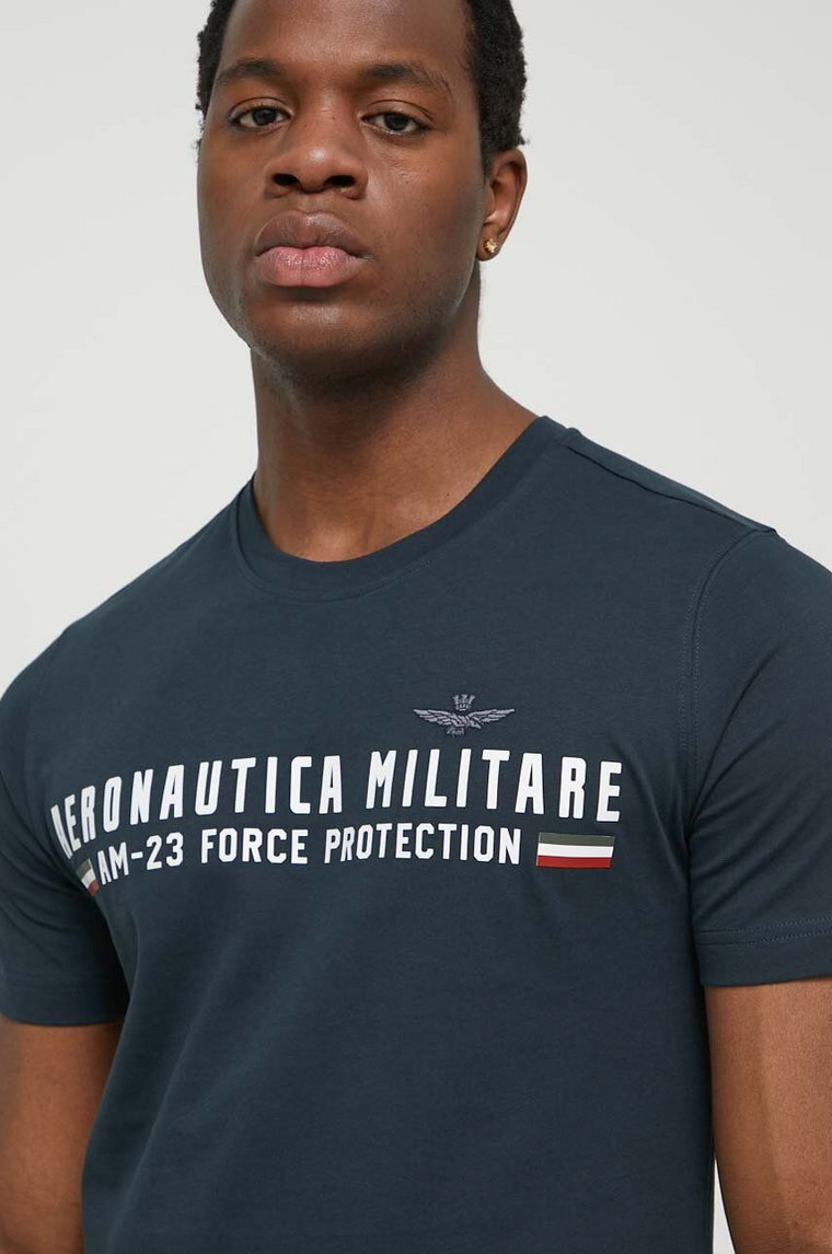 Aeronautica Militare t-shirt bawełniany męski kolor niebieski z nadrukiem