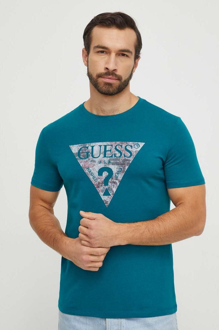 Guess t-shirt męski kolor turkusowy z nadrukiem M4RI29 J1314