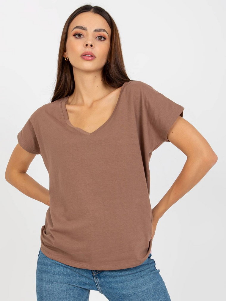 T-shirt jednokolorowy brązowy casual dekolt w kształcie V rękaw krótki