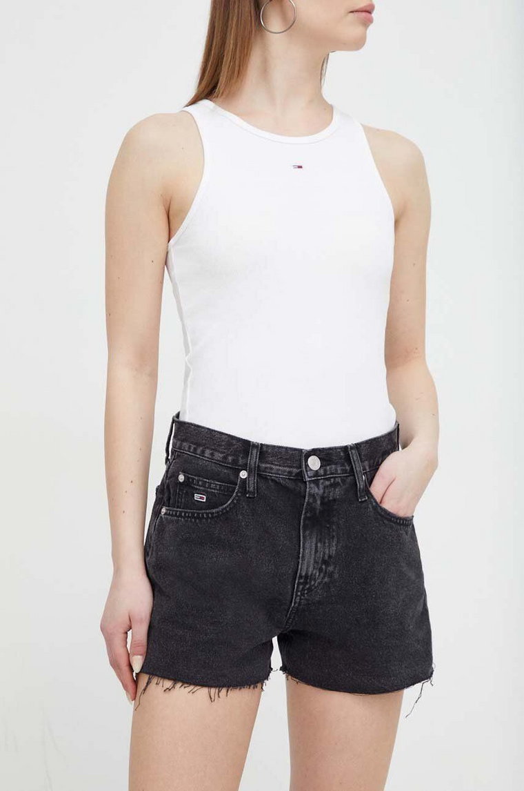 Tommy Jeans szorty jeansowe damskie kolor czarny gładkie high waist DW0DW17633