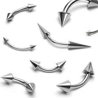 Stalowy piercing srebrnego koloru, zagięty, zakończony dwoma stożkami - Wymiary: 1,6 mm x 10 mm x 4x12 mm