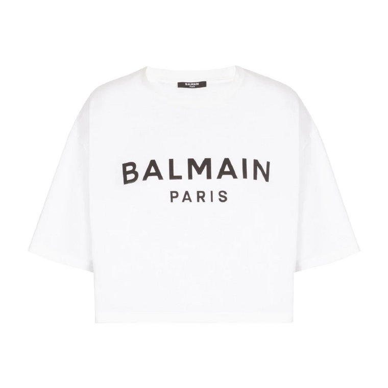 Eko-odpowiedzialny przycięty t-shirt z nadrukiem logo Balmain
