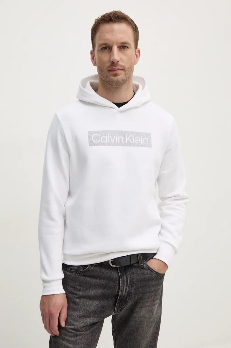 Calvin Klein bluza męska kolor biały z kapturem z nadrukiem K10K113552