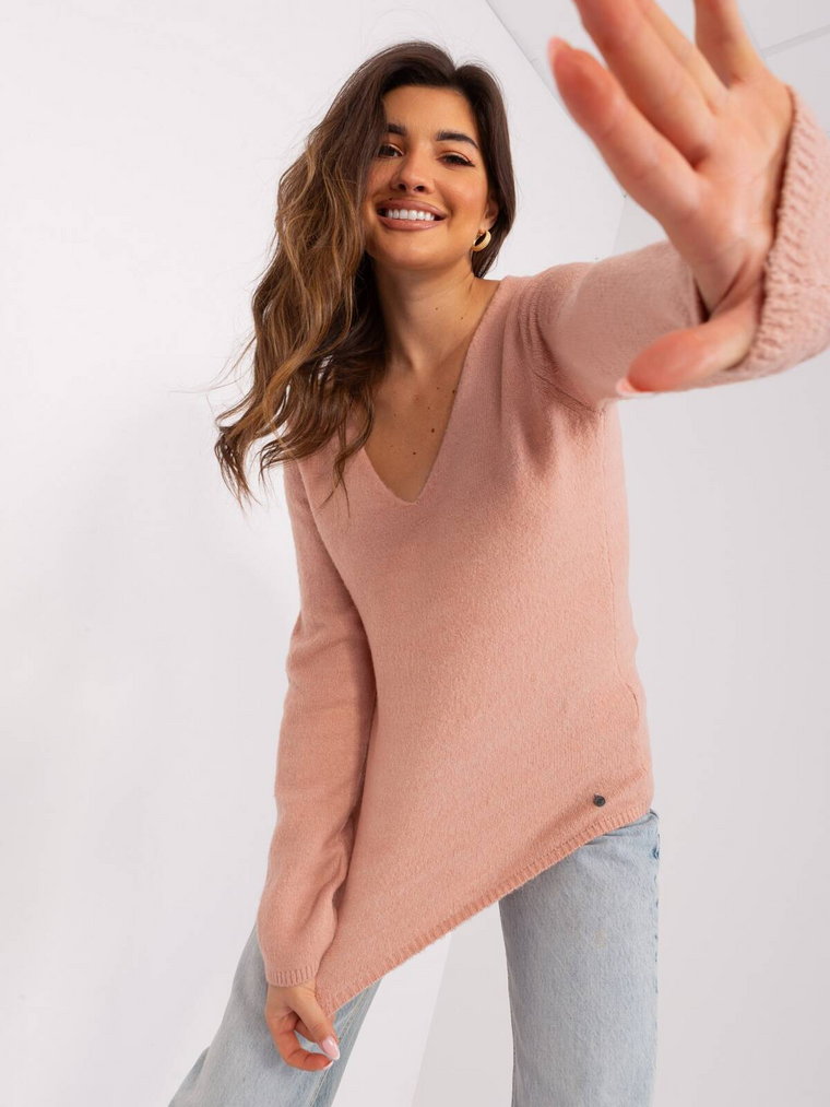 Sweter klasyczny jasny różowy casual dekolt w kształcie V rękaw długi