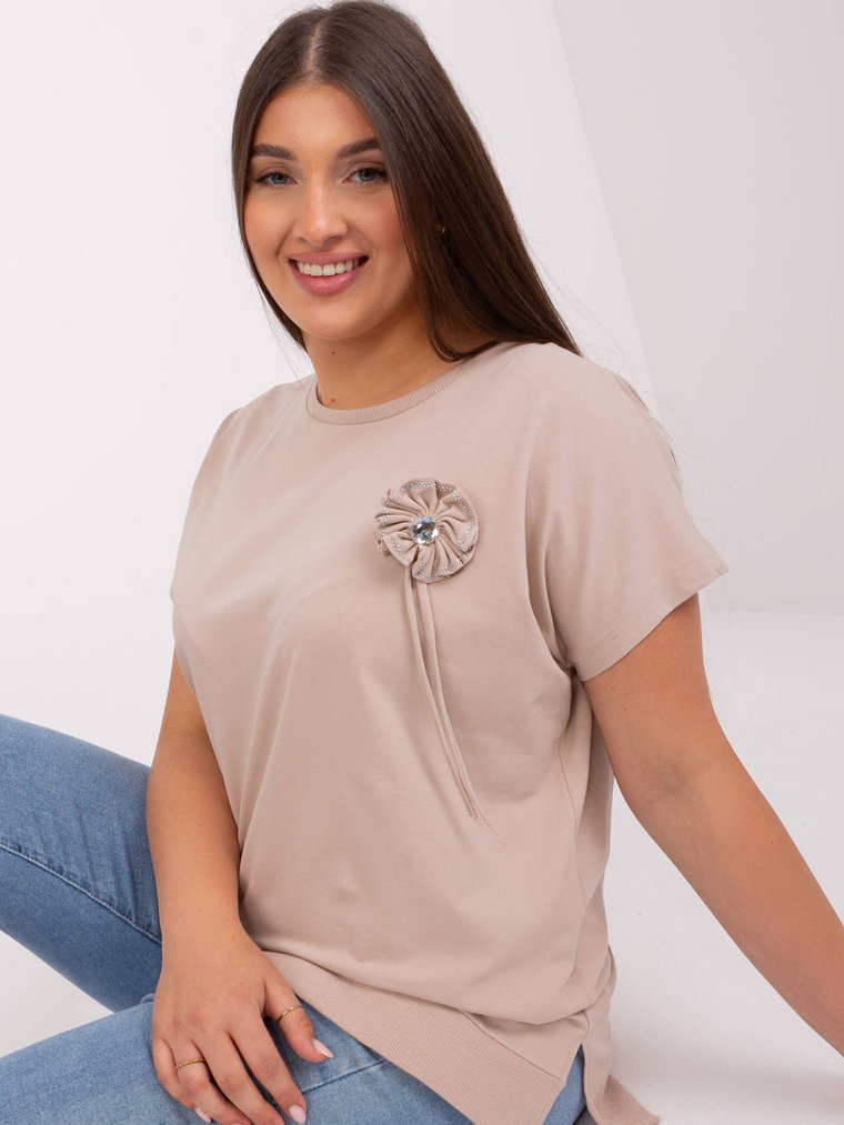 Bluzka plus size beżowy casual codzienna dekolt okrągły rękaw krótki