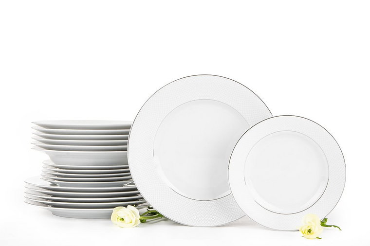 Zestaw obiadowy porcelana 18 elementów biały / srebrny wzór dla 6 os. AMELIA SATYNA Konsimo