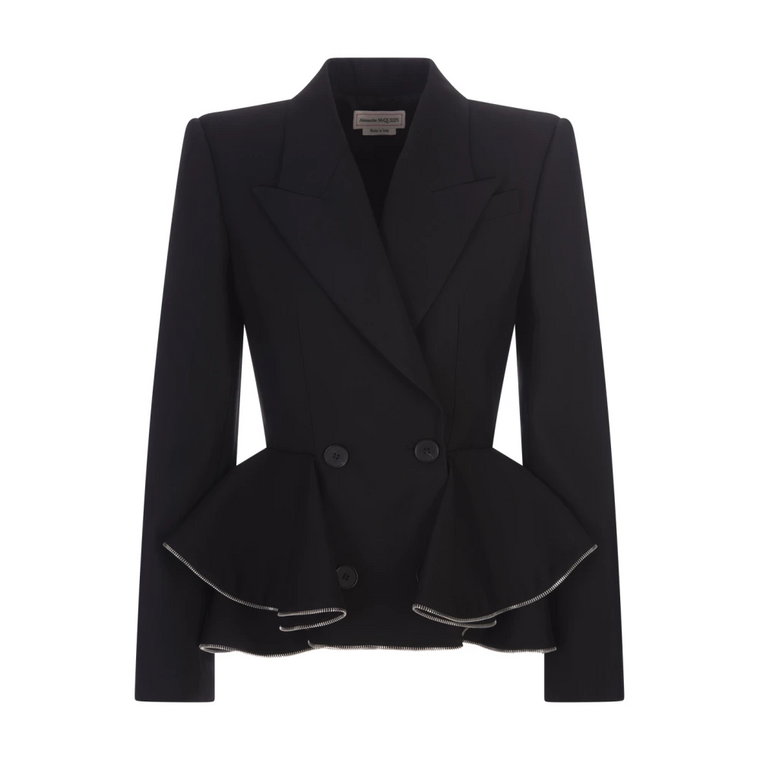Czarny dwurzędowy płaszcz z wełny z falbaną Alexander McQueen