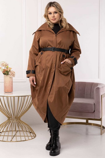 Płaszcz modny z paskiem oversize ze wstawkami z eko skóry MARTA camel