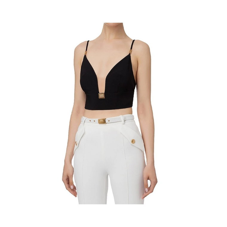 Czarny Crop Top z Rozciągliwego Podwójnego Krepu Elisabetta Franchi