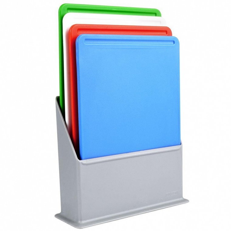 Deski do krojenia w stojaku kolorowe plastikowe zestaw 4 szt. kod: O-259164