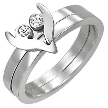 Stalowy pierścionek złożony z dwóch części - serduszko z cyrkoniami - Rozmiar : 61