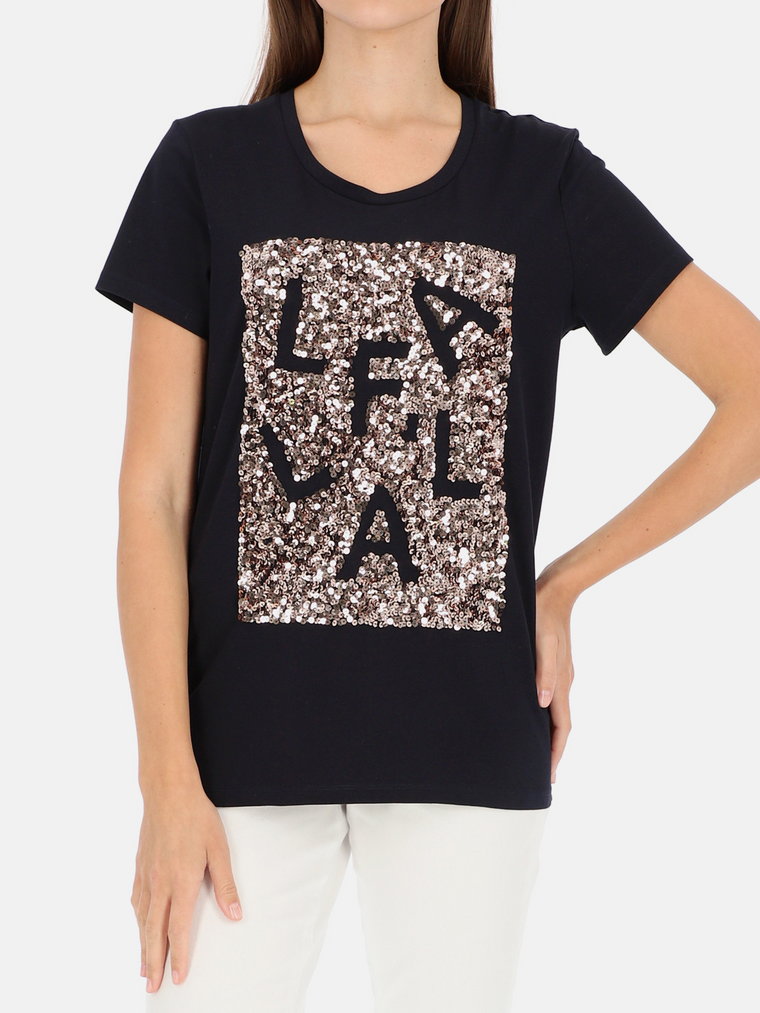 Granatowy t-shirt damski z cekinową aplikacją L'AF Paris