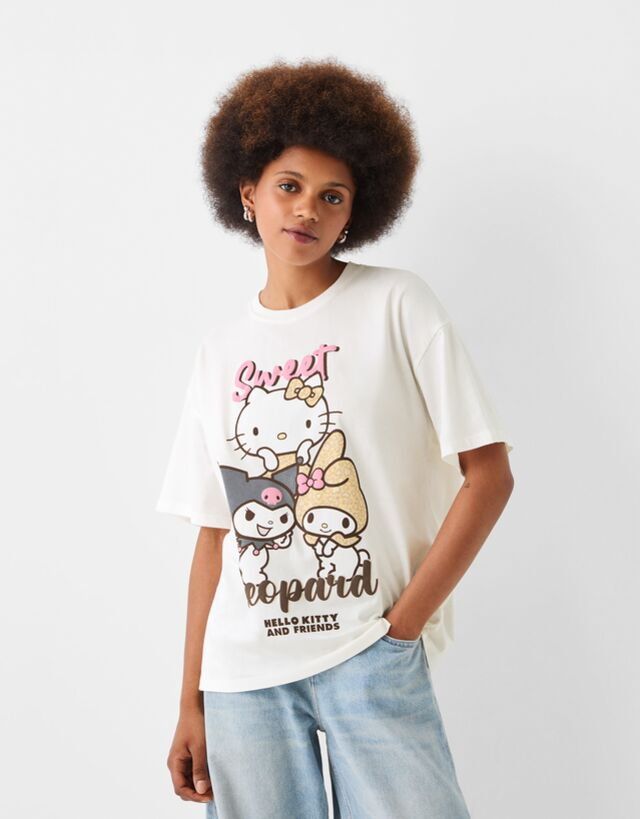 Bershka Koszulka Oversize Z Krótkim Rękawem Hello Kitty & My Melody Kobieta M Biały Złamany