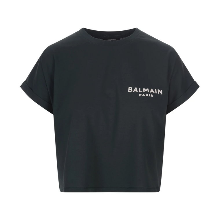Zielony T-shirt z Bawełnianej Dżerseju z Flockowanym Logo Balmain