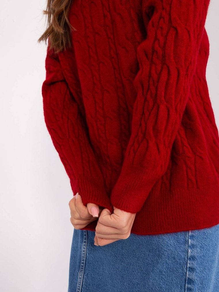 Sweter z warkoczami bordowy casual dekolt okrągły rękaw długi