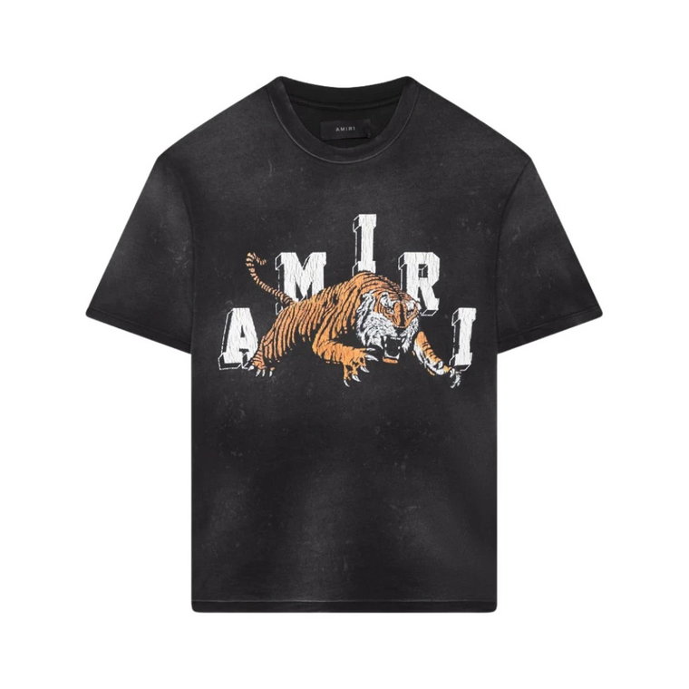 Vintage Tiger Tee Czarny, Wyblakły Graficzny T-Shirt z Logo Amiri
