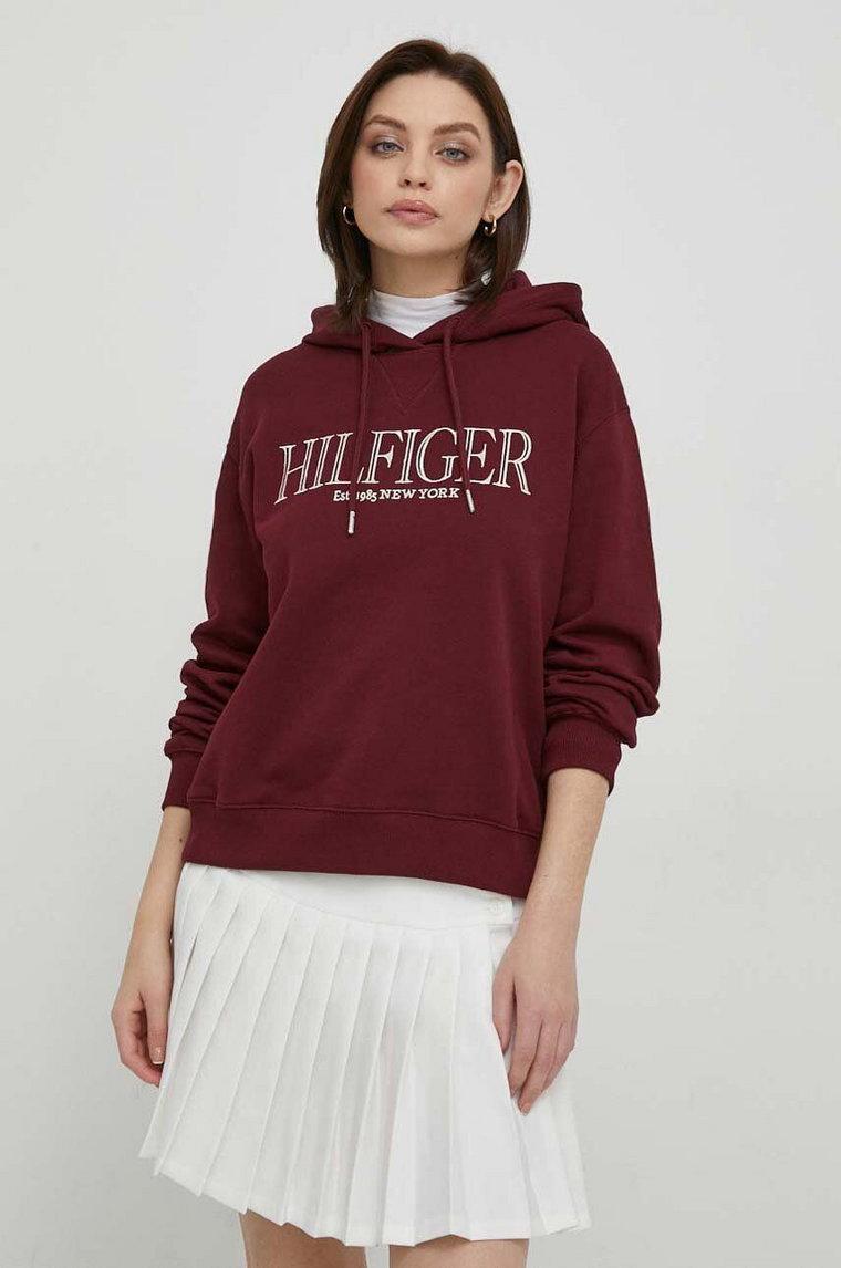 Tommy Hilfiger bluza bawełniana damska kolor bordowy z kapturem z aplikacją WW0WW41042