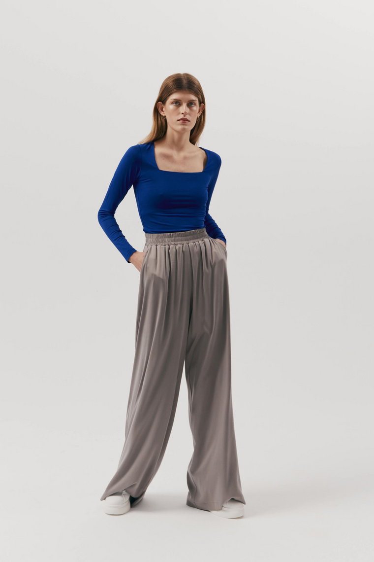 Spodnie z szeroką nogawką i gumą : Kolor - Gołębi, Rozmiar - 34 - long