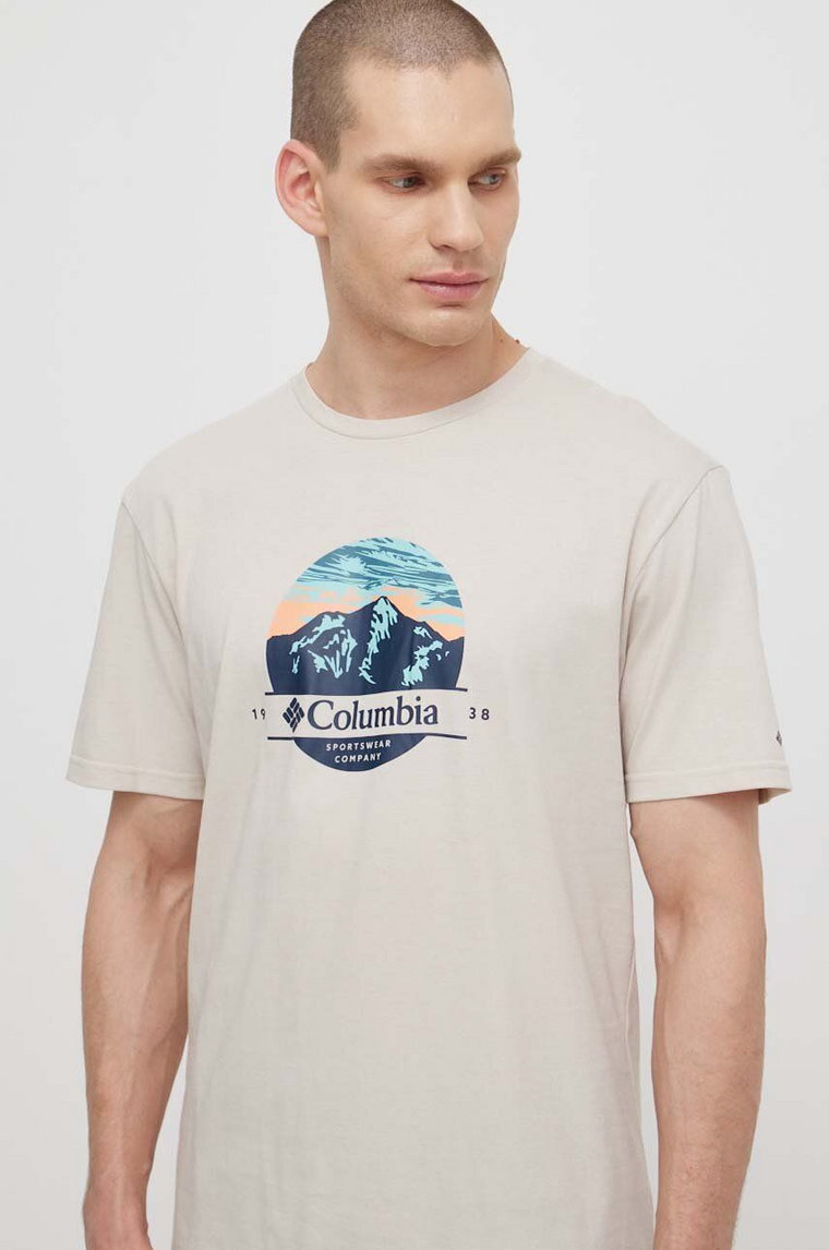 Columbia t-shirt bawełniany Path Lake męski kolor beżowy z nadrukiem 1934814