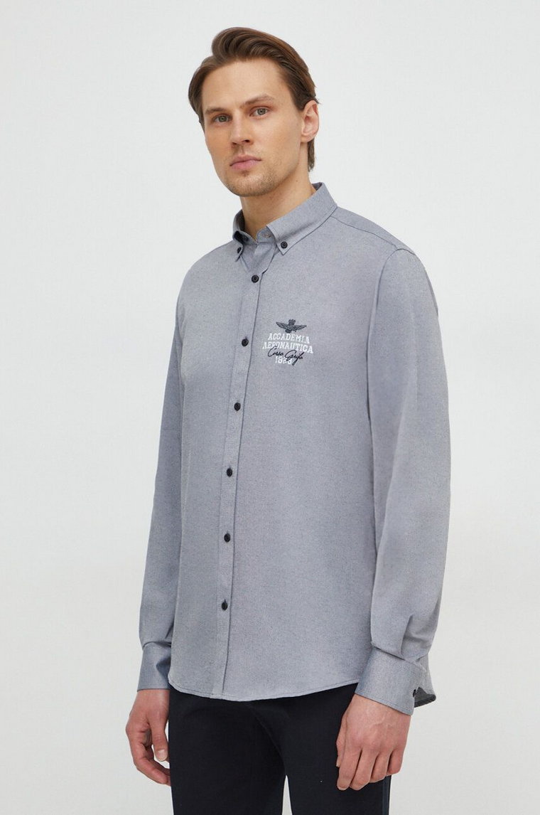 Aeronautica Militare koszula męska kolor szary regular z kołnierzykiem button-down