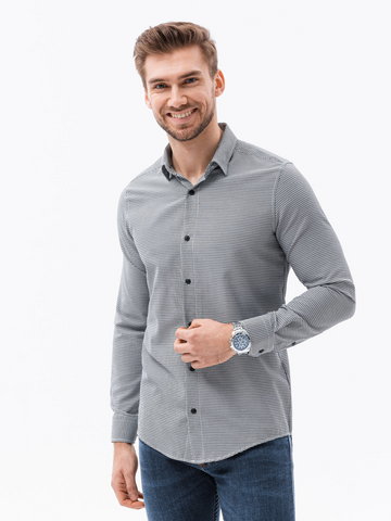 Żakardowa koszula męska z drobnym wzorem REGULAR FIT - czarna V4 K623 - S
