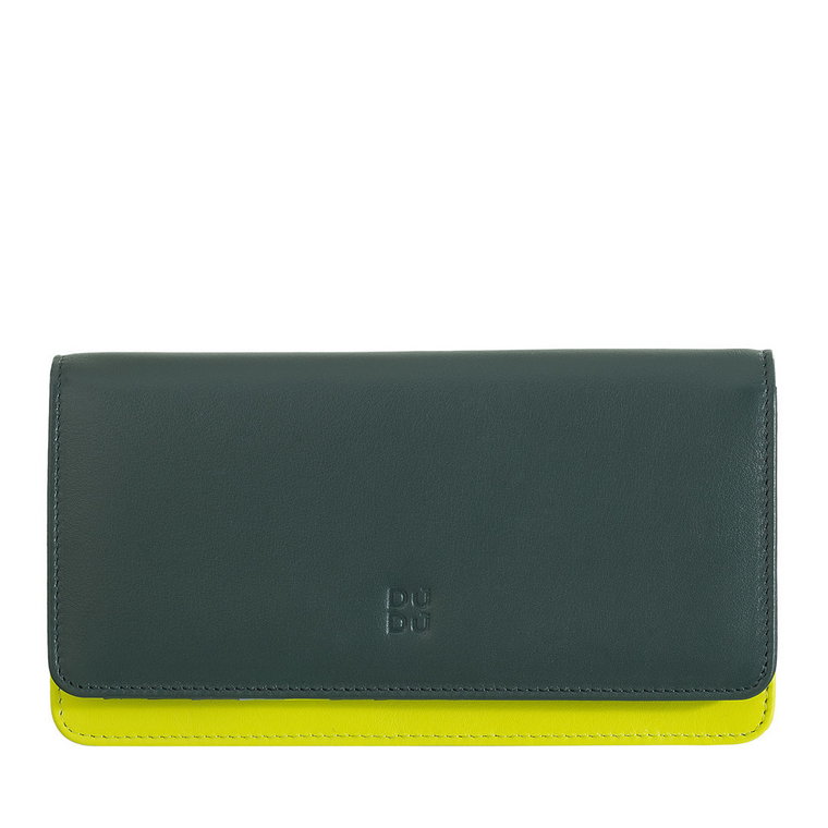 Damski skórzany portfel RFID, model torebki wykonany z miękkiej kolorowej skóry cielęcej Nappa z klapką zapinaną na guzik.
