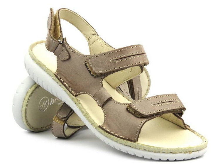 Skórzane sandały damskie na rzepy - Helios Komfort 794S, beżowe