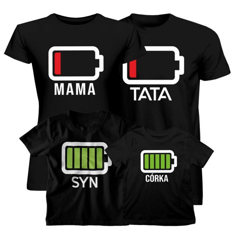 Komplet dla rodziny - Bateria Tata Mama Syn Córka - koszulki z nadrukiem