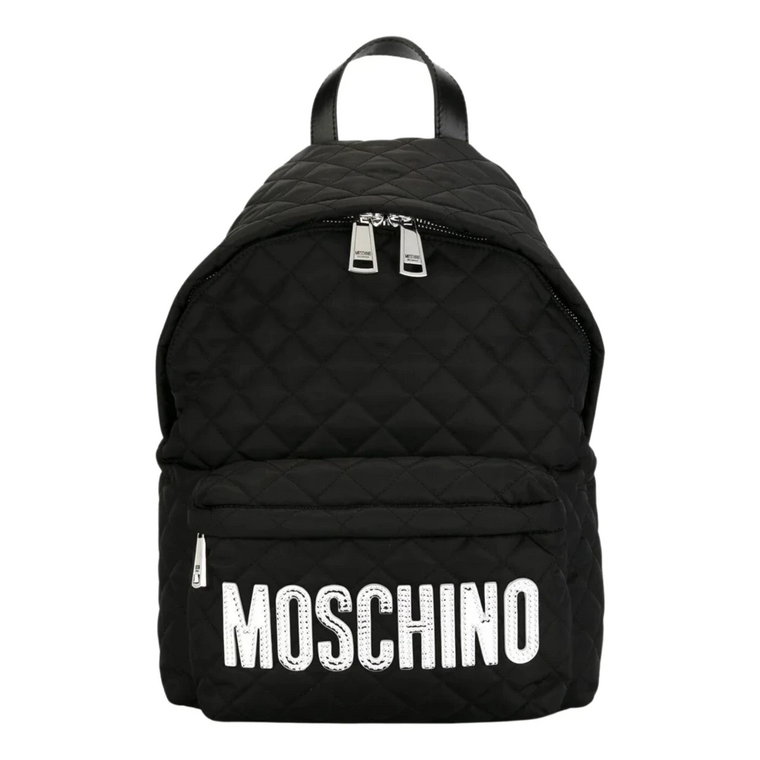 Czarny plecak z podwójnym zamkiem błyskawicznym i plakietką z logo Moschino