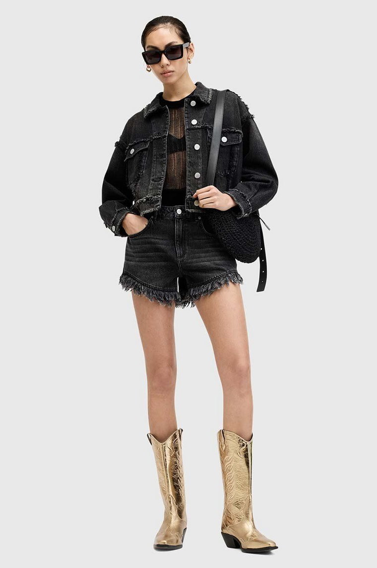 AllSaints szorty jeansowe bawełniane HAILEY DENIM SHORT kolor czarny gładkie high waist W075EA