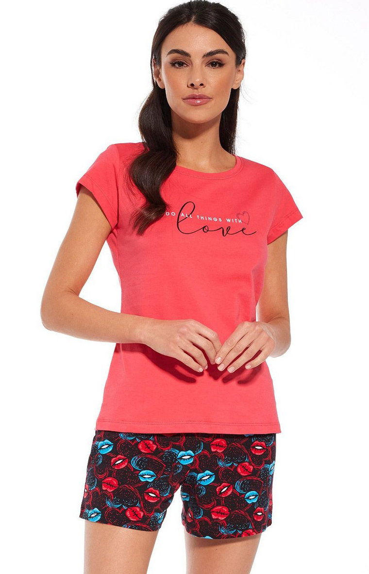 Bawełniana piżama damska With Love 628/275, Kolor czerwony-wzór, Rozmiar S, Cornette
