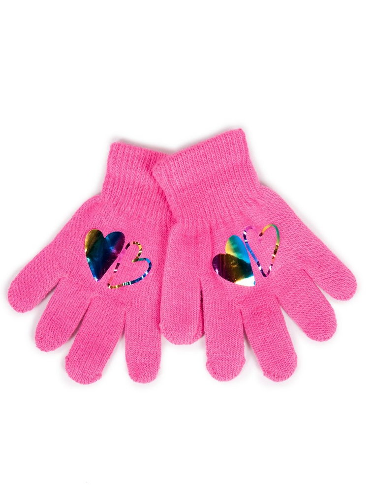 Rękawiczki Dziewczęce Pięciopalczaste Ciemnoróżowe Z Hologramem Sercami 10 Cm Yoclub