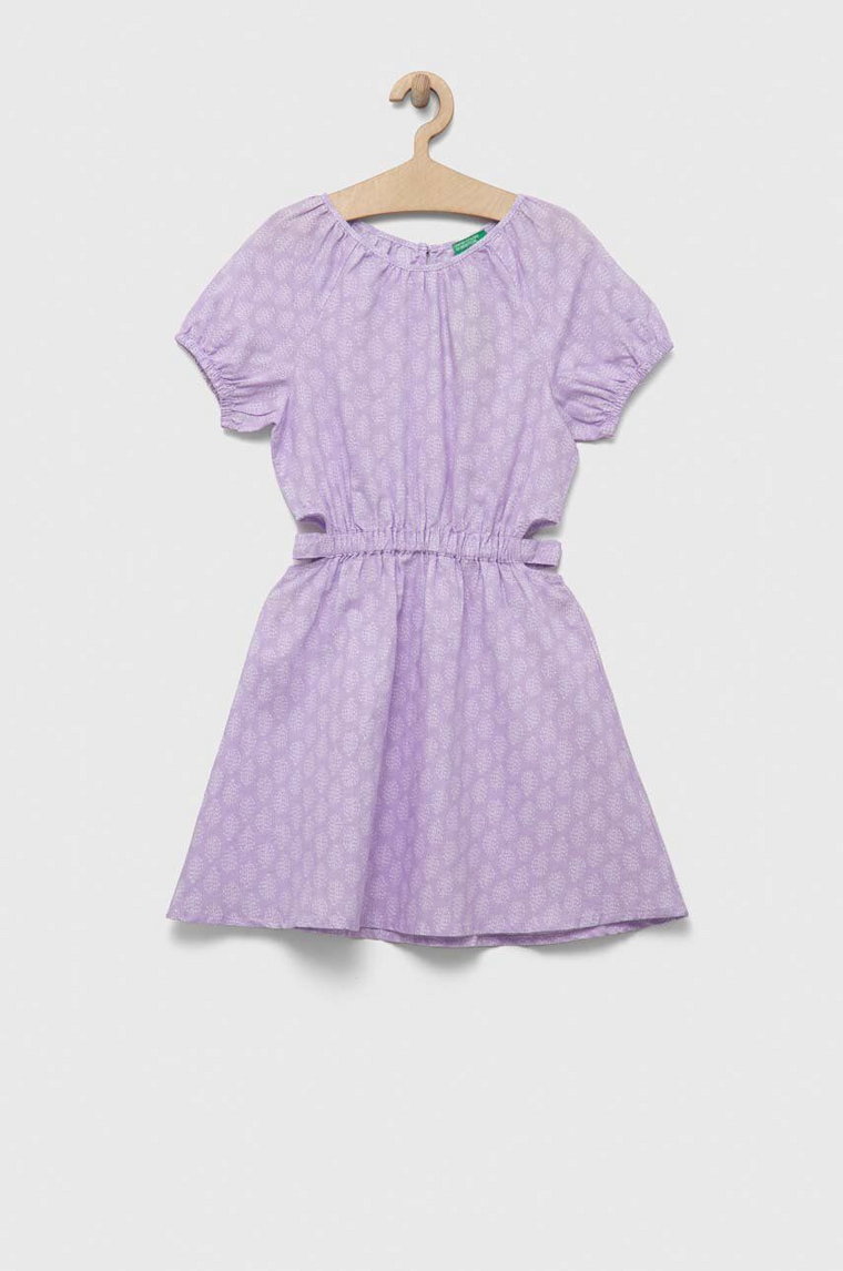 United Colors of Benetton sukienka lniana dziecięca kolor fioletowy mini rozkloszowana
