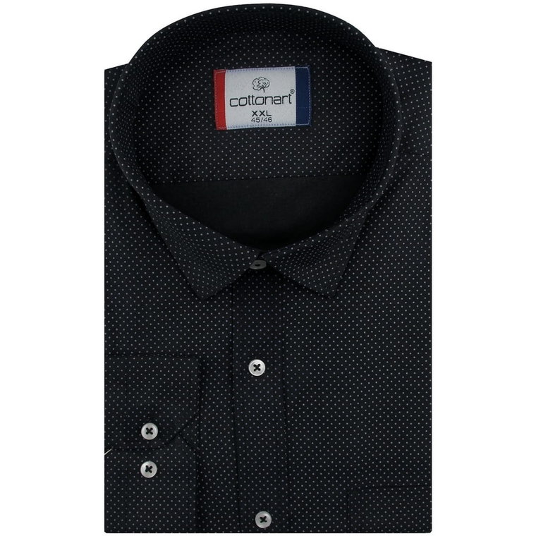 Duża Koszula Męska Elegancka Wizytowa do garnituru czarna w kropki z długim rękawem Duże rozmiary Cottonart E543