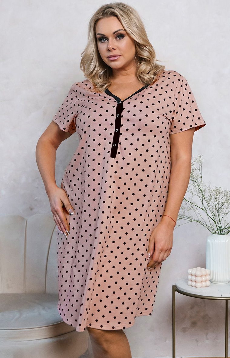 Koszula nocna damska z krótkim rękawem plus size Buscato, Kolor różowy-wzór, Rozmiar S, Italian Fashion