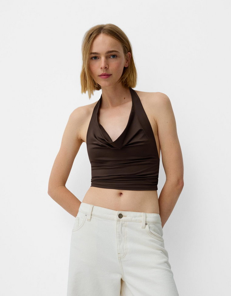 Bershka Drapowany Top Z Dekoltem Halter Kobieta L Brązowy