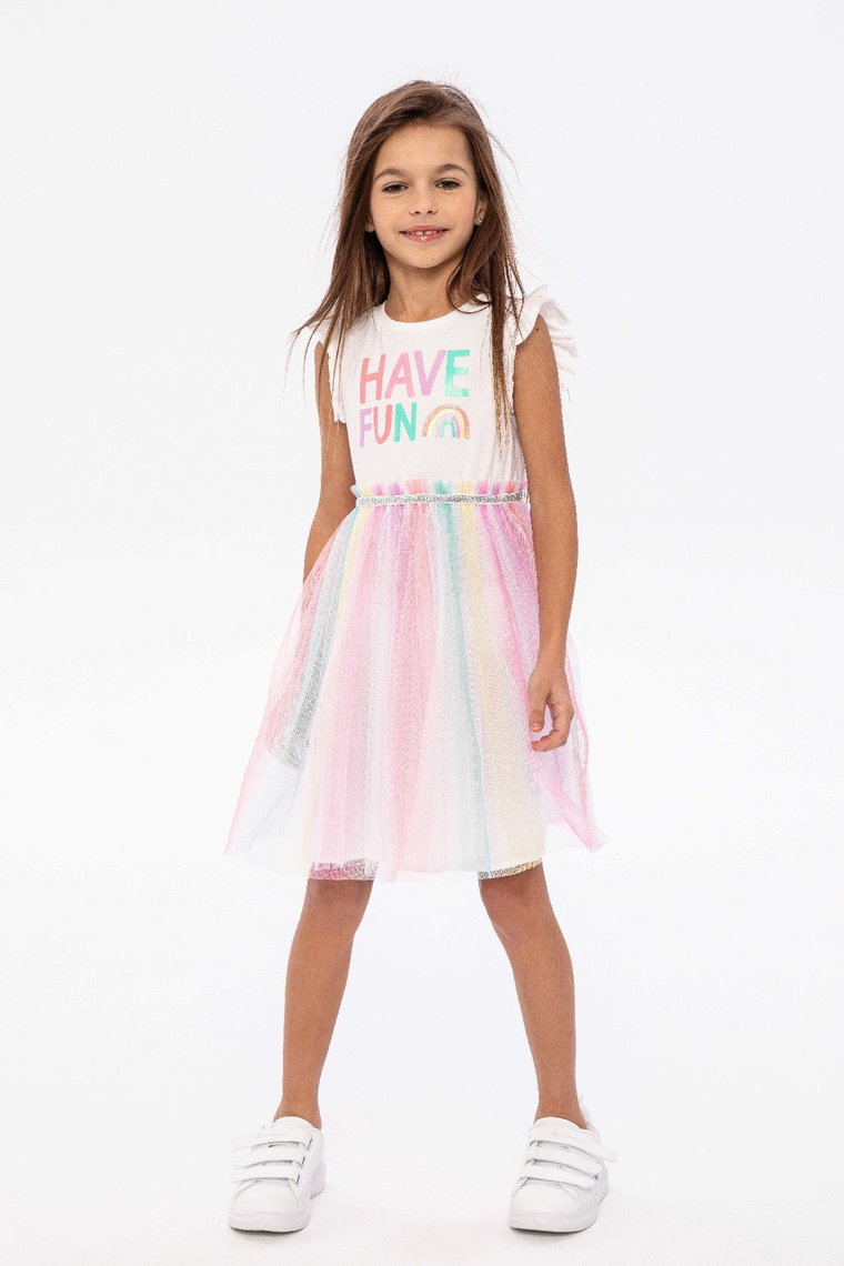 Kolorowa sukienka dla dziewczynki z krókim rękawem- Have fun
