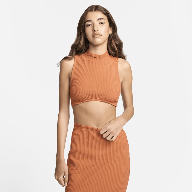 Damska prążkowana koszulka bez rękawów o skróconym przylegającym kroju z półgolfem Nike Sportswear Chill Knit - Pomarańczowy