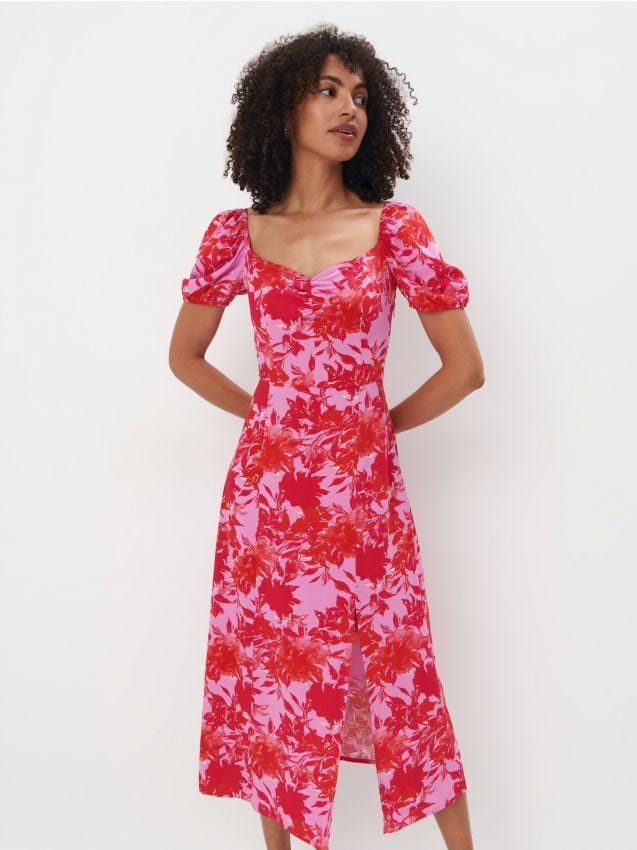 Mohito - Sukienka midi z wiskozy - mocny różowy
