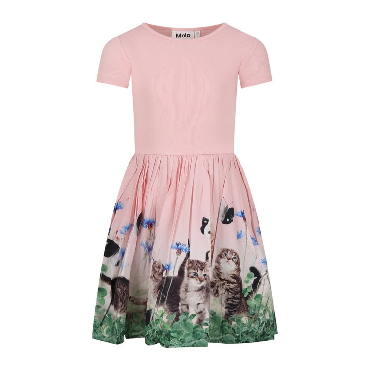 Różowa Sukienka z Organicznej Bawełny z Wzorem Kota i Motyla Molo