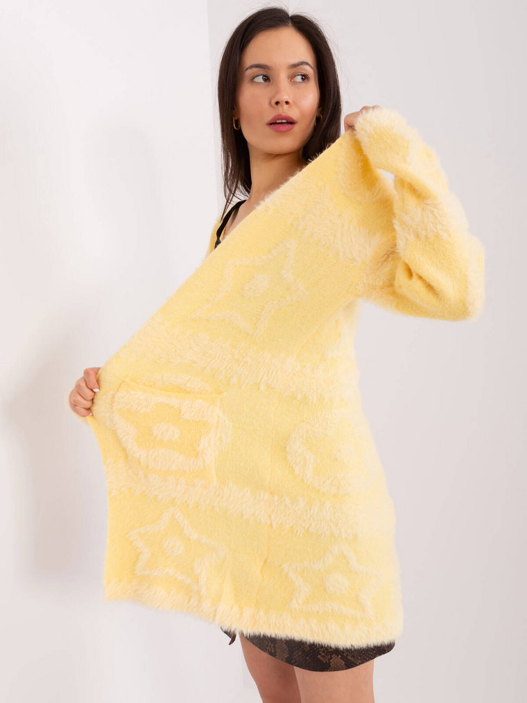 Sweter kardigan jasny żółty casual narzutka rękaw długi długość długa kieszenie