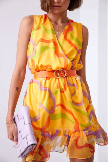 Lekka wzorzysta sukienka z paskiem szafranowo liliowa 03040