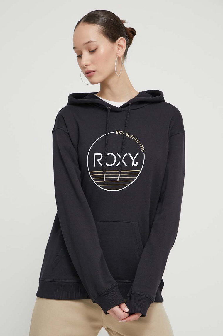 Roxy bluza damska kolor czarny z kapturem z nadrukiem ERJFT04815