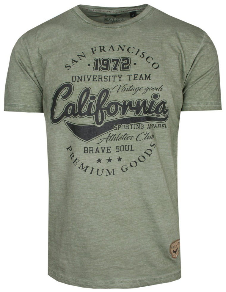 T-Shirt Bawełniany Oliwkowy z Nadrukiem, Styl Vintage, CALIFORNIA, Okrągły Dekolt -BRAVE SOUL