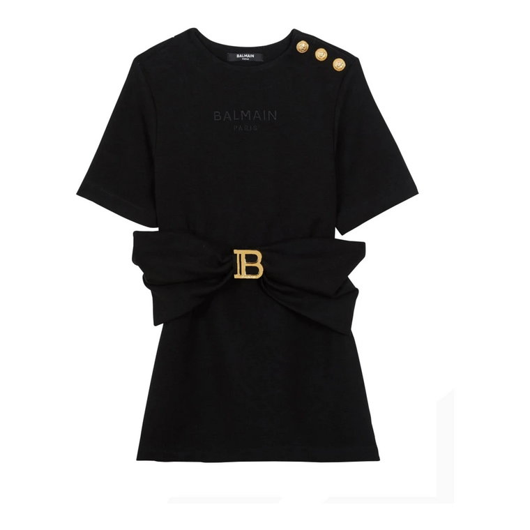 Czarna Sukienka w Stylu T-shirt z Złotymi Szczegółami Balmain