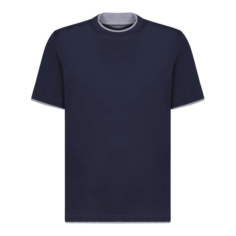 Niebieski Bawełniany T-shirt Okrągły Dekolt Krótkie Rękawy Brunello Cucinelli