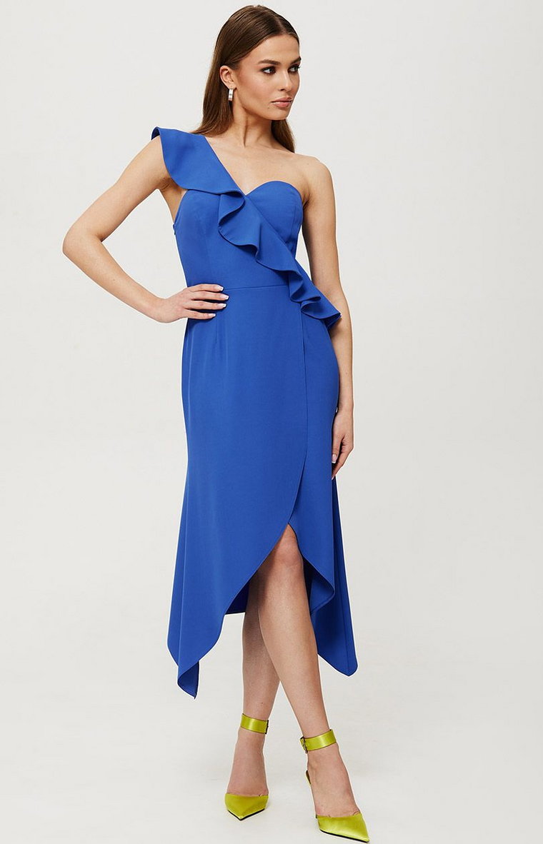 Niebieska sukienka z falbaną na jedno ramię K185, Kolor niebieski, Rozmiar L, makover