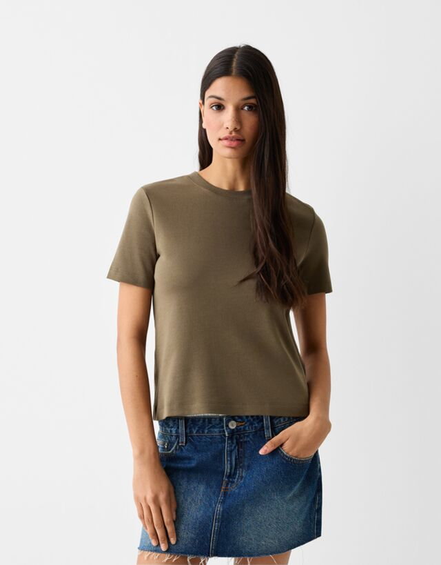 Bershka Koszulka Z Krótkim Rękawem O Kroju Regular Fit Kobieta S Khaki