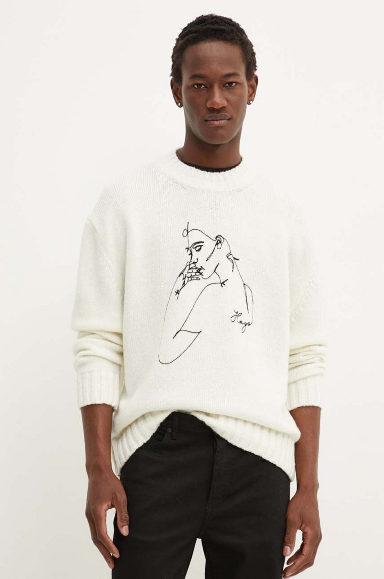 HUGO sweter z domieszką wełny męski kolor beżowy  50516654